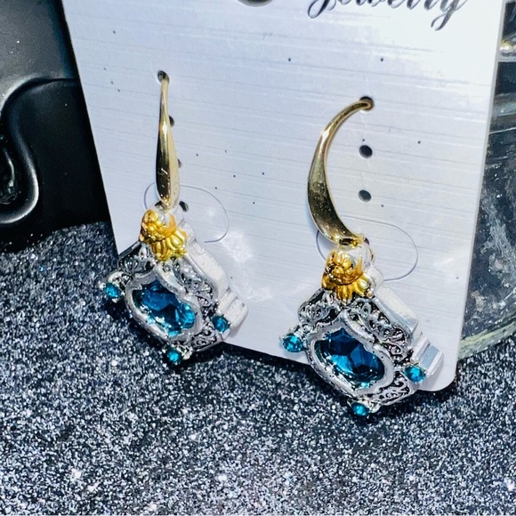 New Palace Blue Crystal Gold/Silver Tone Alloy Dangle Earrings Vintage Style - Picture 13 of 16